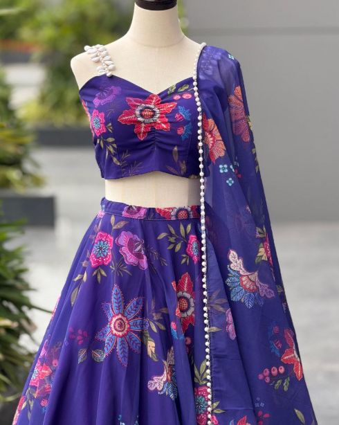 Classy Blue Organza Silk Lehenga Choli With Floral Print