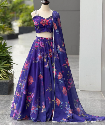 Classy Blue Organza Silk Lehenga Choli With Floral Print