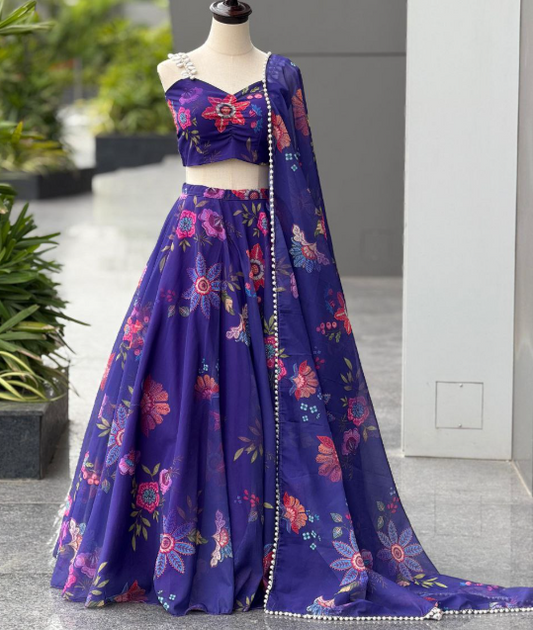Classy Blue Organza Silk Lehenga Choli With Floral Print