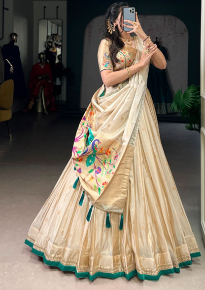 Glam Beige Gold Shimmer Paithani Zari Weaving Lehenga Choli