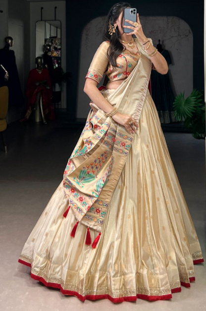 Royal Beige Gold Shimmer Lehenga With Paithani Zari Weaving