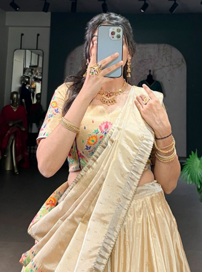 Gorgeous Beige Gold Shimmer Lehenga With Paithani Work