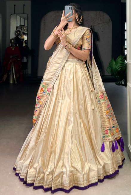 Gorgeous Beige Gold Shimmer Lehenga With Paithani Work