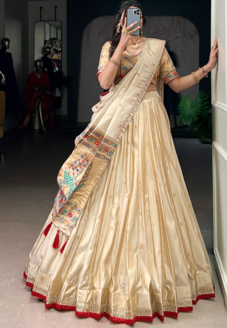 Royal Beige Gold Shimmer Lehenga With Paithani Zari Weaving