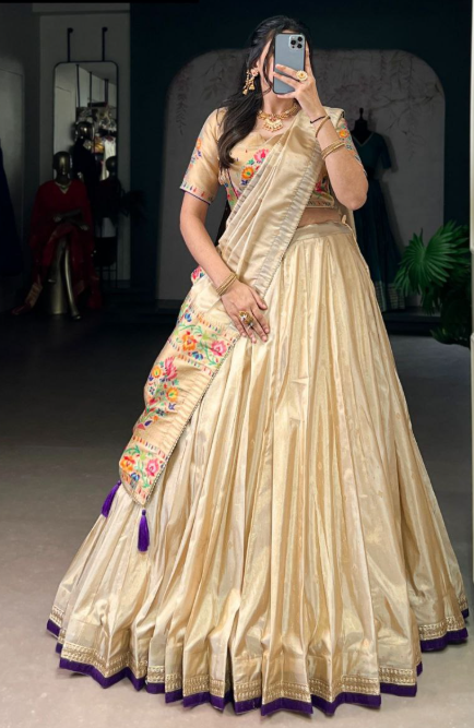 Gorgeous Beige Gold Shimmer Lehenga With Paithani Work