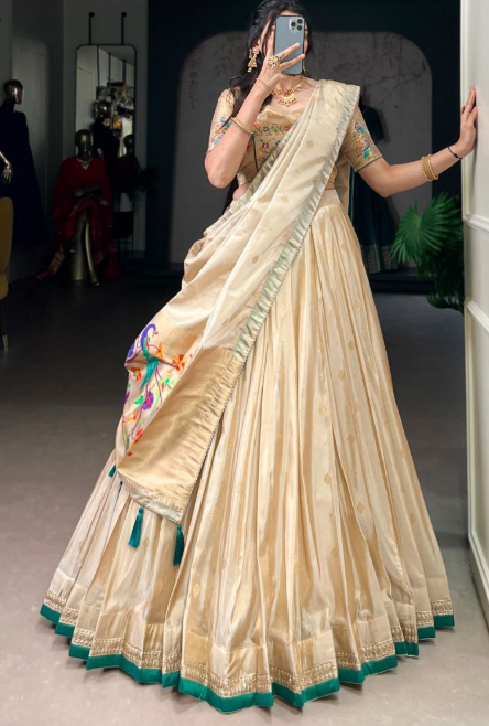 Glam Beige Gold Shimmer Paithani Zari Weaving Lehenga Choli