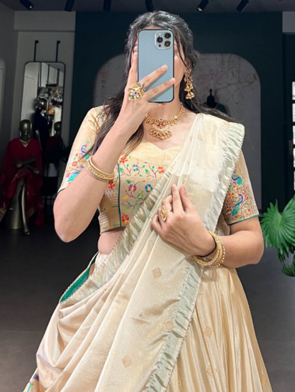 Glam Beige Gold Shimmer Paithani Zari Weaving Lehenga Choli