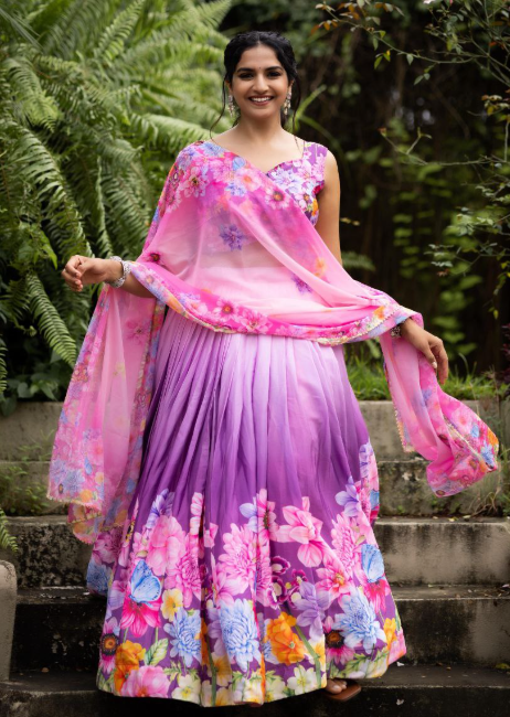 Classy Rainbow Chinon Lehenga Choli With Floral Print