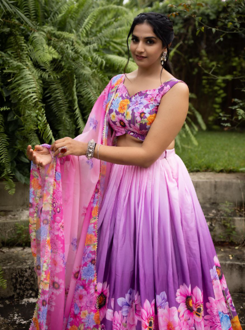 Classy Rainbow Chinon Lehenga Choli With Floral Print