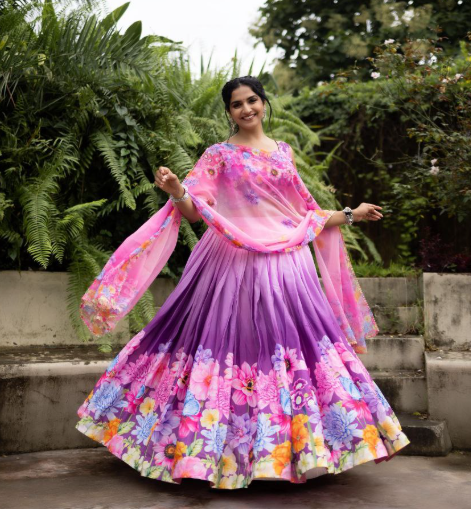 Classy Rainbow Chinon Lehenga Choli With Floral Print