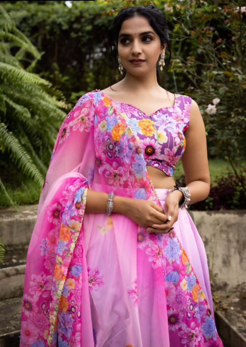 Classy Rainbow Chinon Lehenga Choli With Floral Print