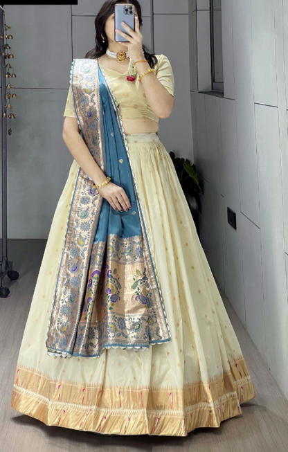 Premium Creamy Paithani Silk Lehenga Choli With Zari Border