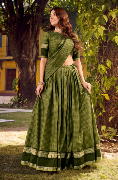 Elegant Chettinad Cotton Lehenga Choli With Zari Work