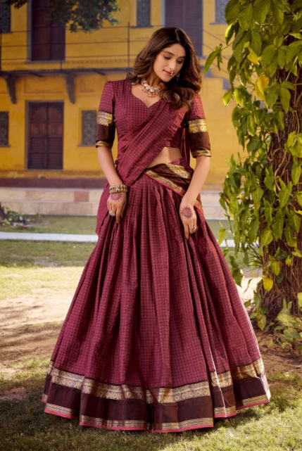 Classy Chettinad Cotton Lehenga Choli With Zari Weaving