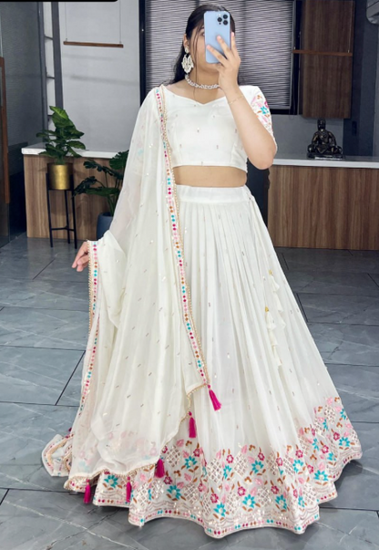 Fabulous White Faux Georgette Embroidered Lehenga Choli