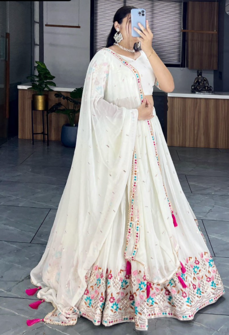 Fabulous White Faux Georgette Embroidered Lehenga Choli