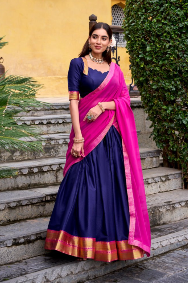 Gorgeous Pink Poly Cotton Lehenga Choli With Zari Border
