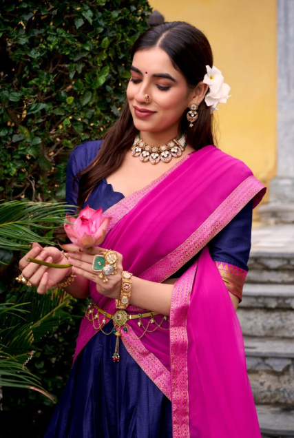Gorgeous Pink Poly Cotton Lehenga Choli With Zari Border