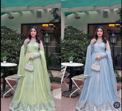 Premium Georgette Embroidered Gown with Coordinated Lehenga and Dupatta