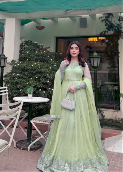 Premium Georgette Embroidered Gown with Coordinated Lehenga and Dupatta