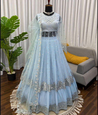 Premium Georgette Embroidered Gown with Coordinated Lehenga and Dupatta