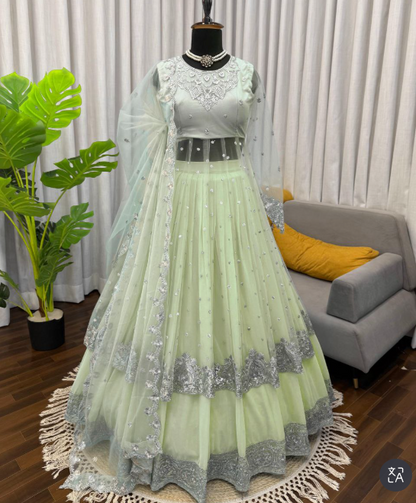 Premium Georgette Embroidered Gown with Coordinated Lehenga and Dupatta