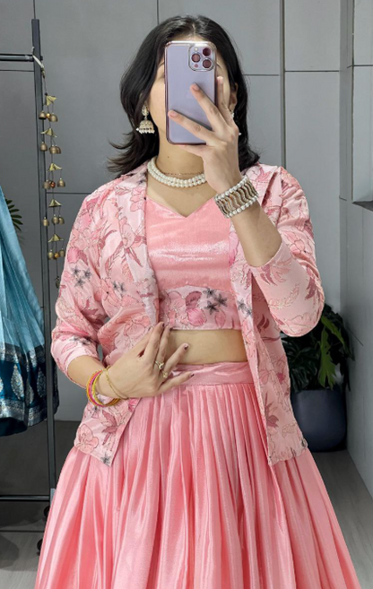 Trendy Pink Chinon Ready-To-Wear Lehenga Set With Floral Work