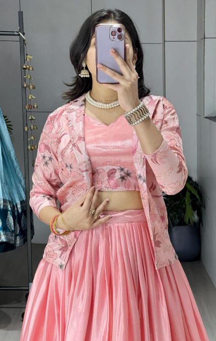 Trendy Pink Chinon Ready-To-Wear Lehenga Set With Floral Work