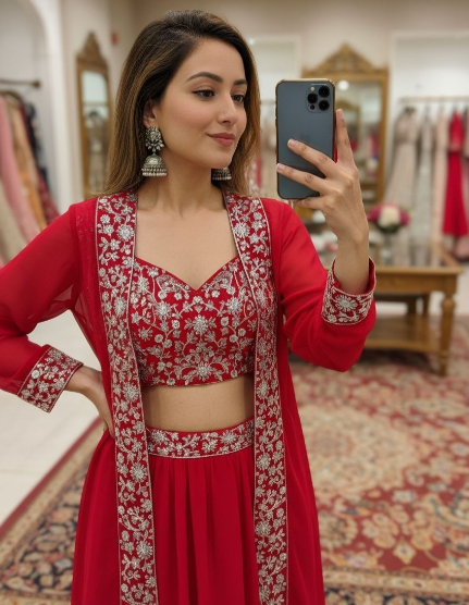 Fusion Red Indo-Western Georgette Lehenga With Shrug