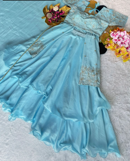 Aqua Blue Chinon Silk Lehenga With Sequins Work
