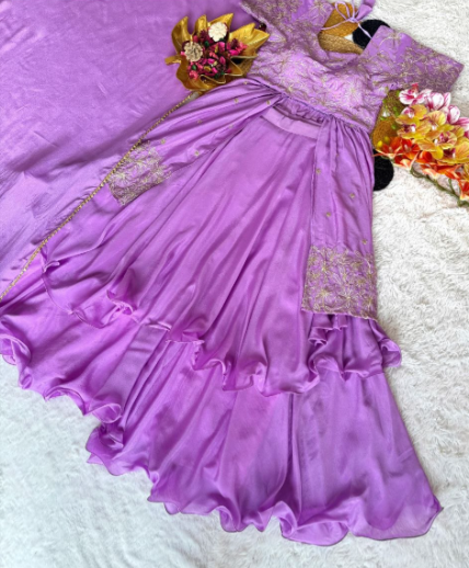 Lavender Chinon Silk Lehenga With Sequins Work
