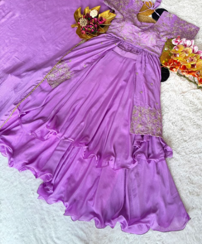 Lavender Chinon Silk Lehenga With Sequins Work