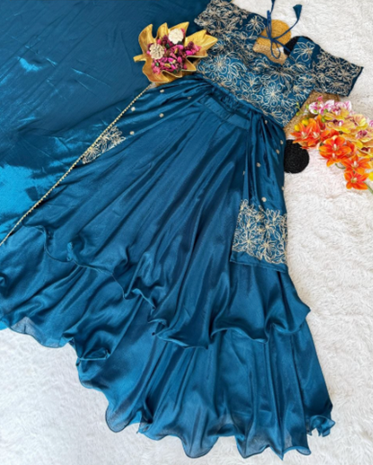 Teal Green Chinon Silk Embroidered Lehenga Choli