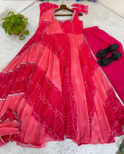 Gorgeous Rani Pink Georgette Anarkali Gown With Mirror Work