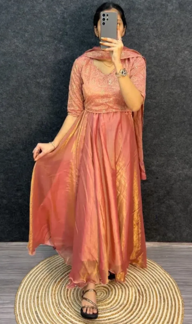Peach Space Silk 4-In-1 Lehenga With Thread &amp; Sequins Work