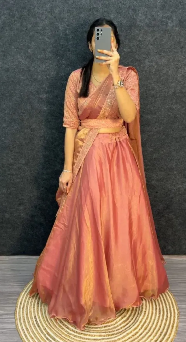 Peach Space Silk 4-In-1 Lehenga With Thread &amp; Sequins Work