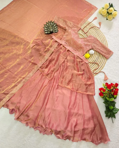 Peach Space Silk 4-In-1 Lehenga With Thread &amp; Sequins Work