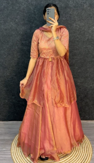 Peach Space Silk 4-In-1 Lehenga With Thread &amp; Sequins Work