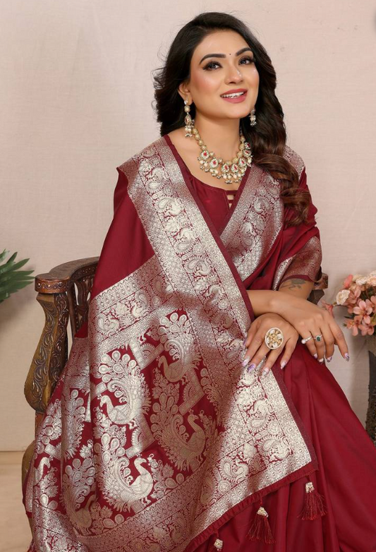 Trendy Maroon Banarasi Silk Saree With Exclusive Work