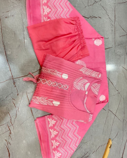 Pink Cotton Kurti Suit With Hand Work