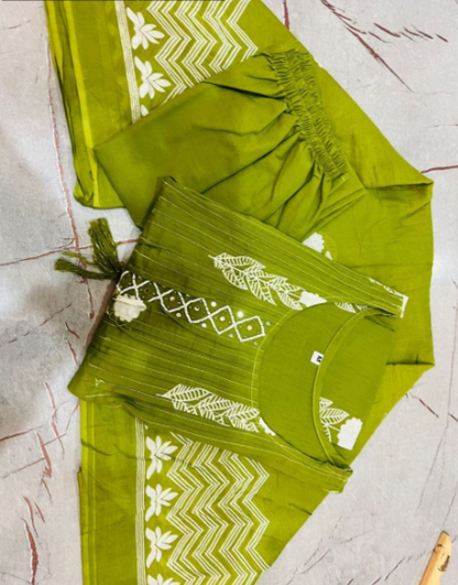 Mehendi Green Cotton Kurti Suit With Hand Work