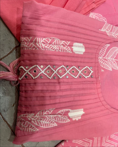 Pink Cotton Kurti Suit With Hand Work