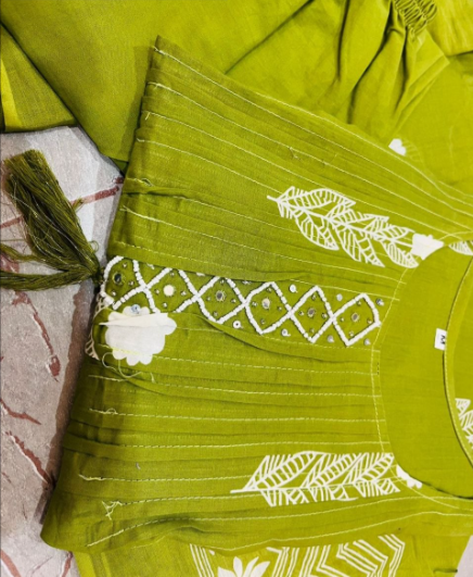 Mehendi Green Cotton Kurti Suit With Hand Work