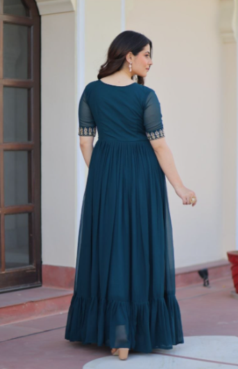 Teal Blue Faux Blooming Gown With Sequins Work