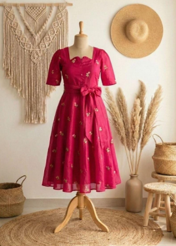 Red Chanderi Cotton Frock With Full Lining