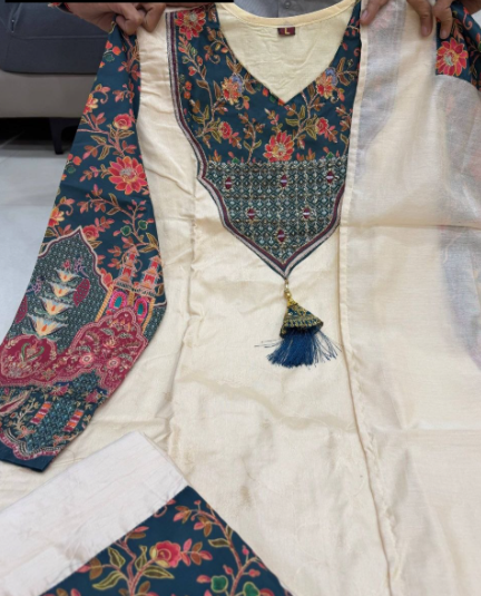 Cream Banarasi Silk Suit Set With Embroidery Work