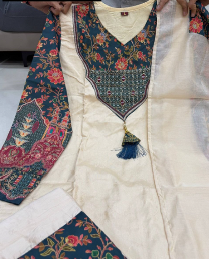 Cream Banarasi Silk Suit Set With Embroidery Work