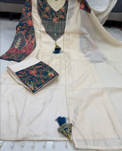 Cream Banarasi Silk Suit Set With Embroidery Work
