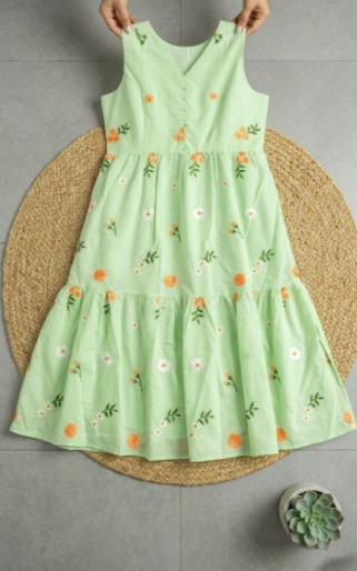 Classy Green Chanderi Cotton Dress With Floral Print