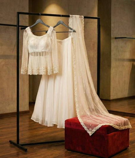 White Silk Lehenga Choli With Flowy Silhouette